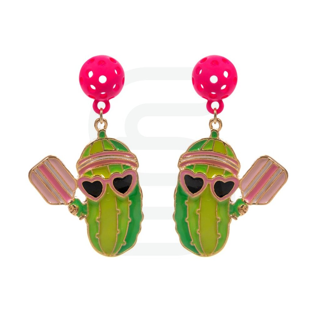 🌵 Pickleball Earrings – Cactus with Paddle & Pink Ball Post Dangle Earrings